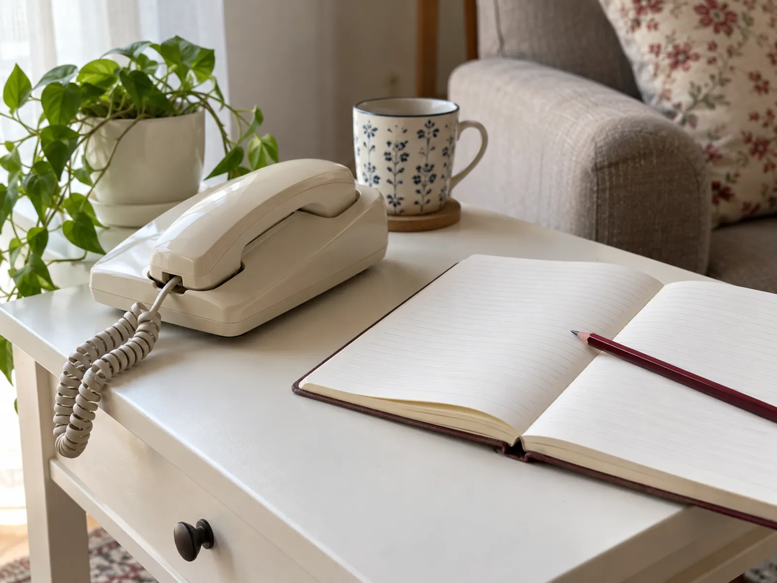 Telefon stacjonarny i pusty notes na stoliku.